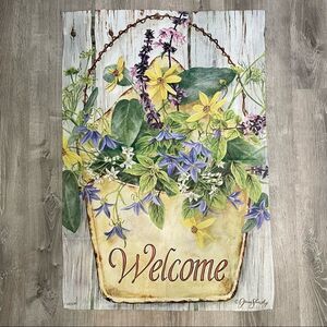 Welcome Floral House Flag with Yellow and Purple Flowers Rustic Spring Decor